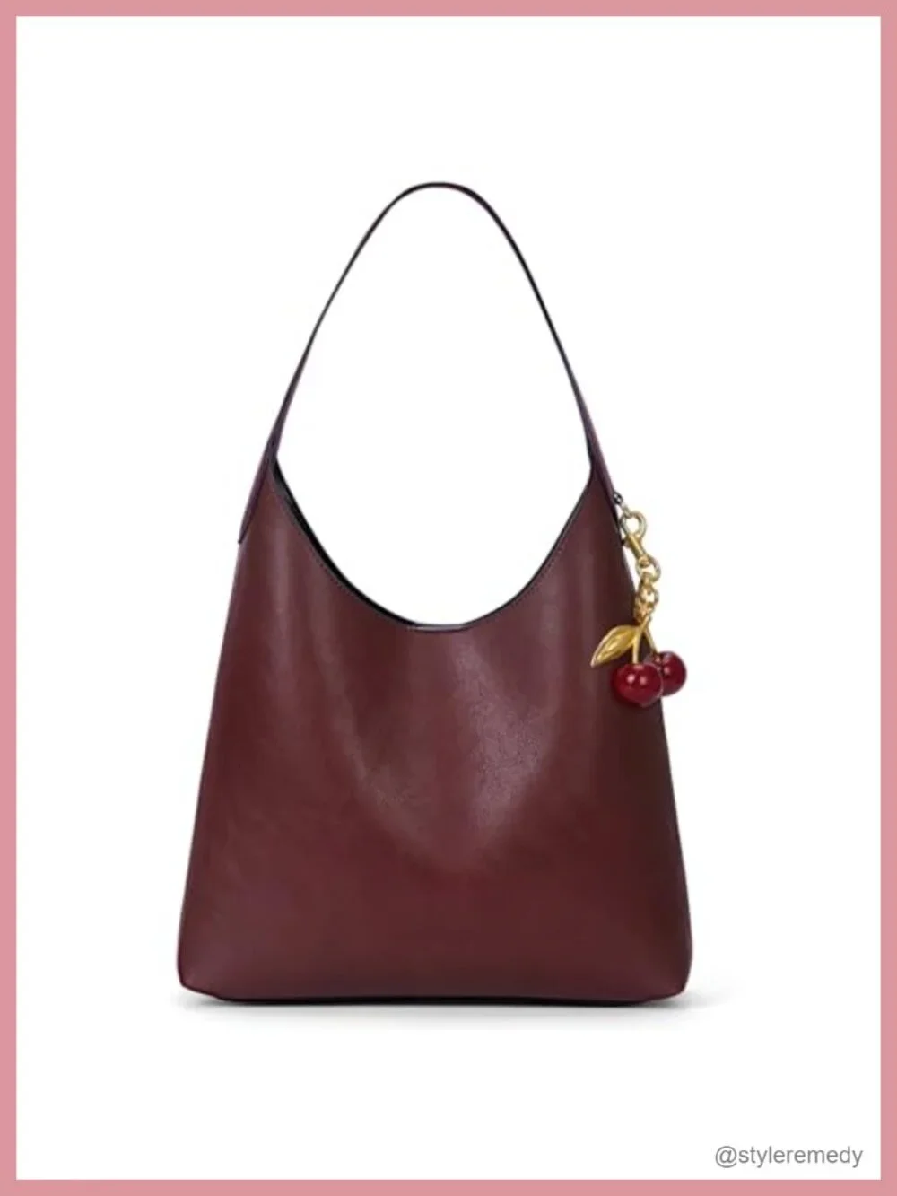 Vegan Leather Hobo Bag with Cherry Charm Slouchy Shoulder Tote